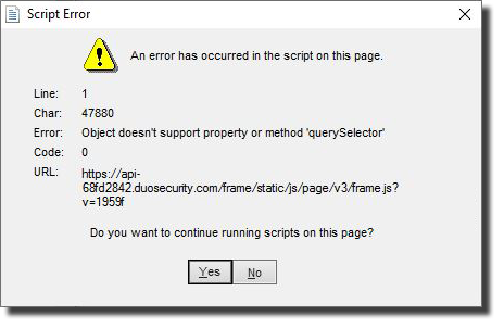Dialog box titled Script Error. First line reads An error has occurred in the script on this page.