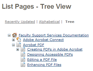 An example of list pages, tree view. The list consists of a home page and two pages beneath it, one of which is expanded to show two more pages beneath that.