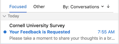 A preview of a survey invitation with the default From Name, Cornell University Survey