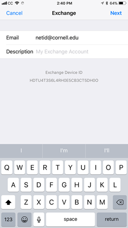 Picture of Exchange settings with a NetID@cornell.edu entered