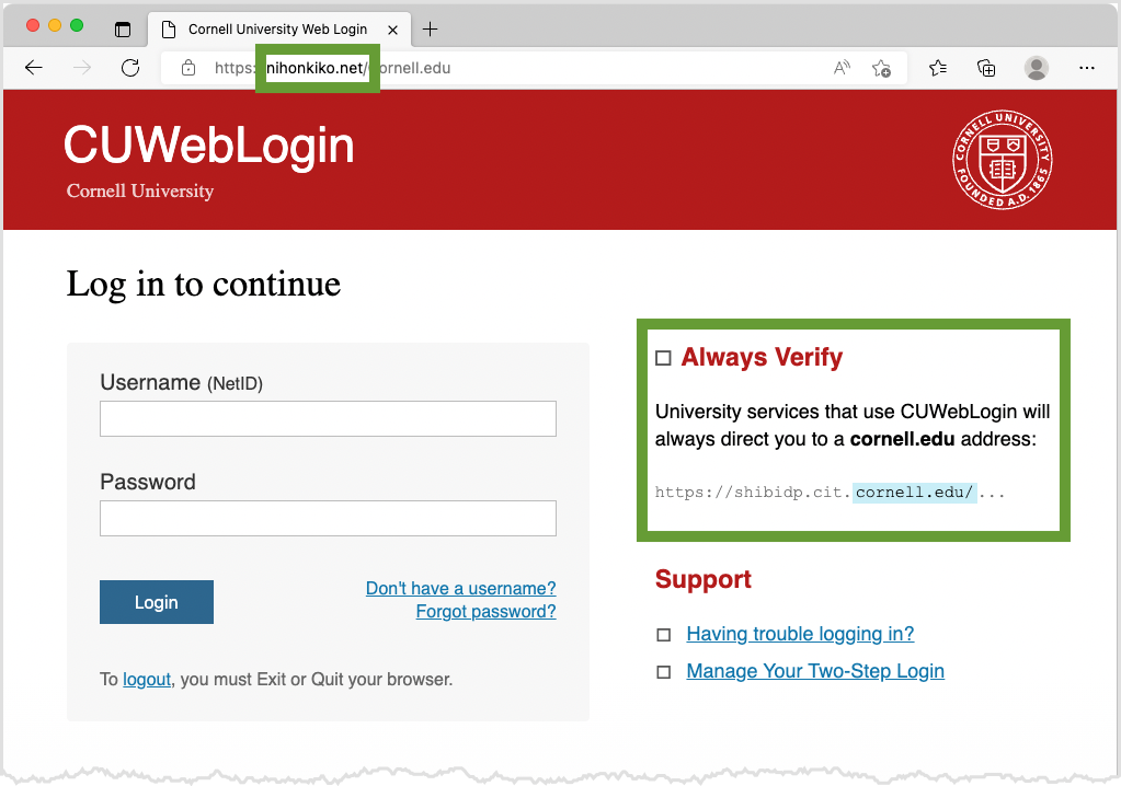 The fake login page has a dot com url with a fake Cornell dot edu address tacked on after a forward slash