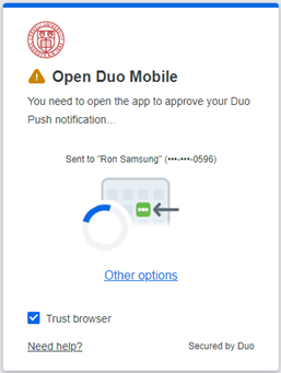 Duo Universal Prompt screen showing Trust browser checkbox after the Other Options link and before the Need help link