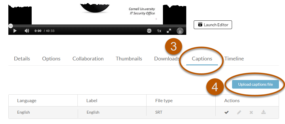 Captions tab selected with Upload Captions file highlighted