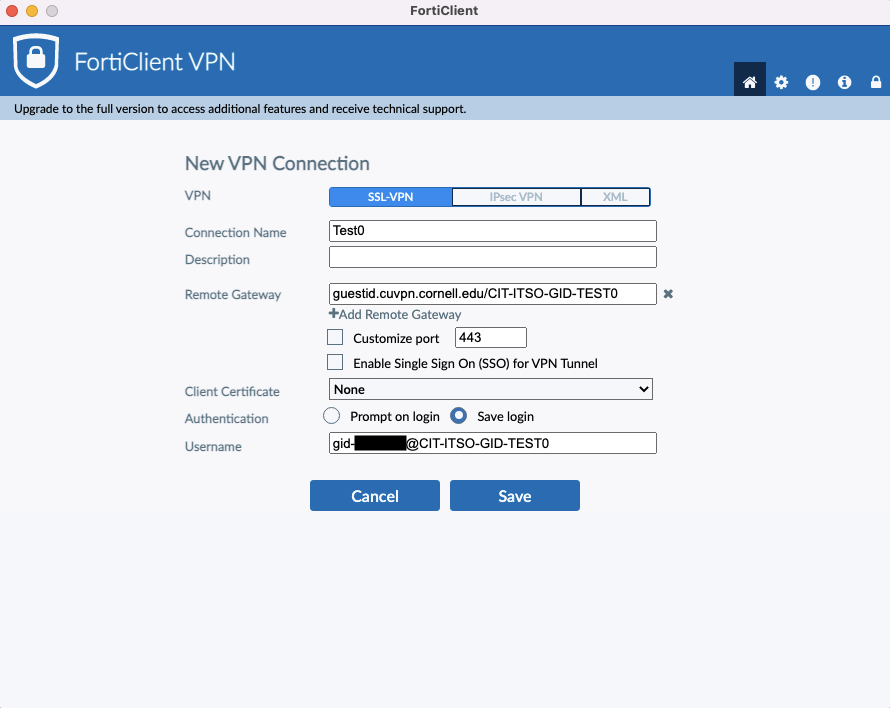 A screenshot of the FortiClient VPN client with a sample configuration
