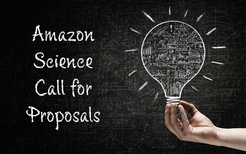 Hand beneath a chalk-drawn lightbulb, with title "Amazon Science Call for Proposals"