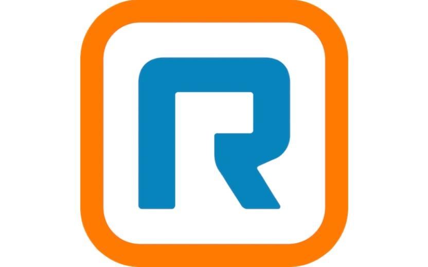 The logo is a blue stylized letter r framed by an orange border
